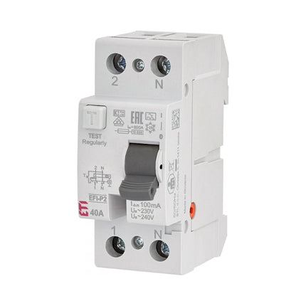 Disjoncteur différentiel bipolaire, type A, 40 A, 100 mA, ETI