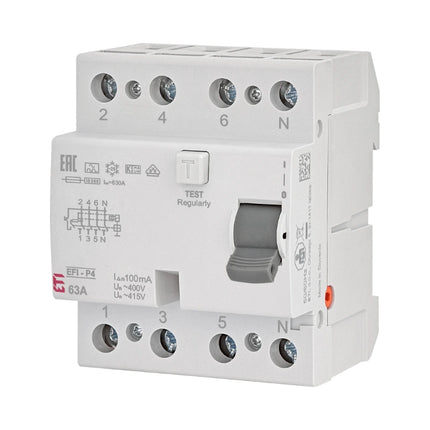 Disjoncteur différentiel (RCCB), 4 pôles, 63 A, 100 mA, type A, ETI