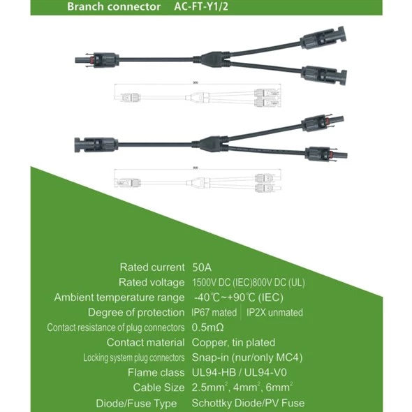 Connecteur solaire GETI MC4 : 1 femelle – 2 mâles, 30 cm