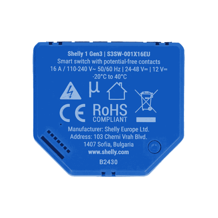 Shelly 1 Gen3, Set of 2 Smart Wi-Fi Relays with Dry Contact, 16A