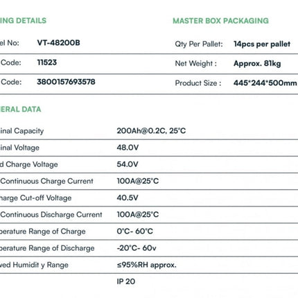 Batterie photovoltaïque LiFePo4 9,6 kWh VT-48200B, V-TAC