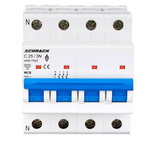 Disjoncteur modulaire (MCB) 6 kA, classe C, 25 A, 3P+N, Schrack
