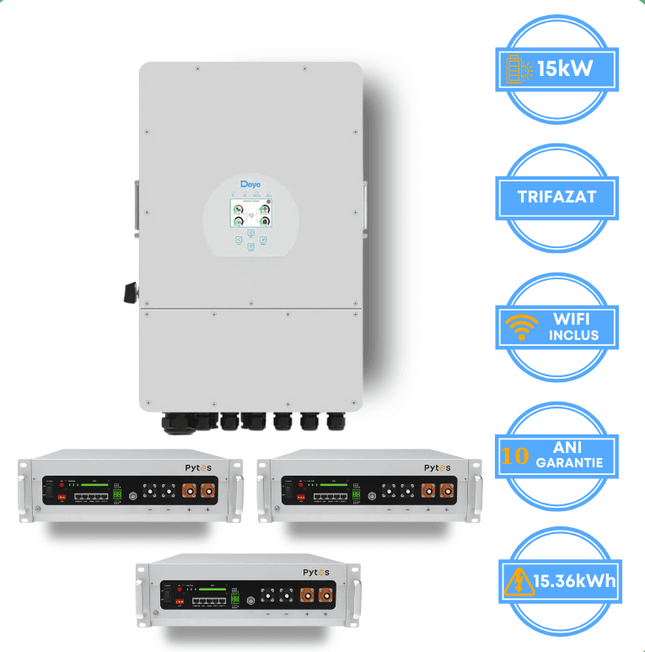 Onduleur Deye 15 kW, SUN-15K-SG05LP3-EU-SM2 + batterie Pytes 15,36 kWh, v5a