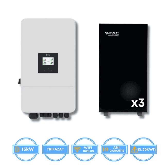 Onduleur Deye 15 kW, SUN-15K-SG05LP3-EU-SM2 + batterie V-TAC 15,36 kWh