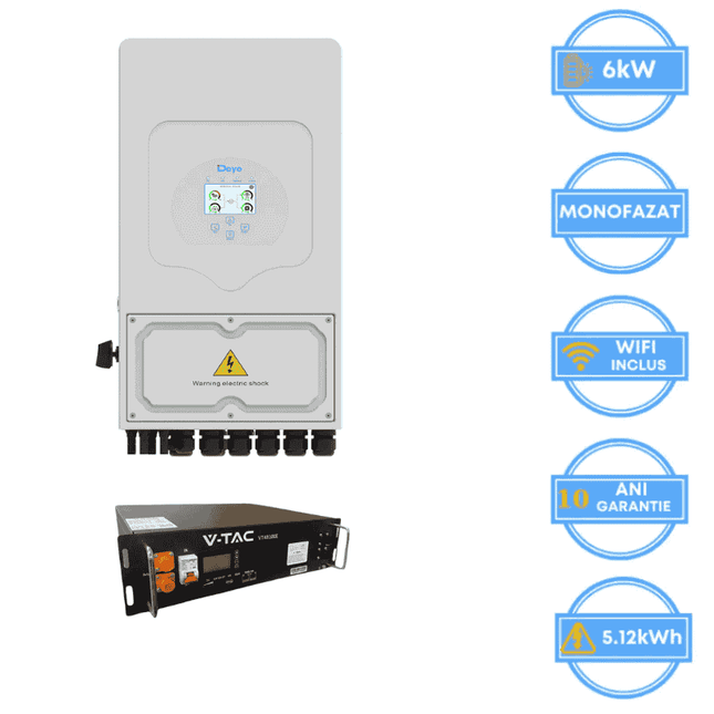 Onduleur Deye 6 kW, SUN-6K-SG05LP1-EU-AM2-P + batterie V-TAC 5,12 kWh